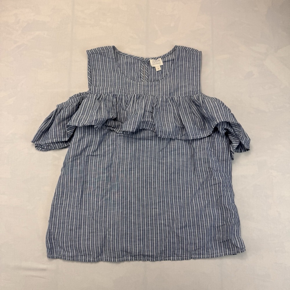 J.Crew Womens 8 Blue White Linen Cotton Striped Cold Shoulder Ruffle Top